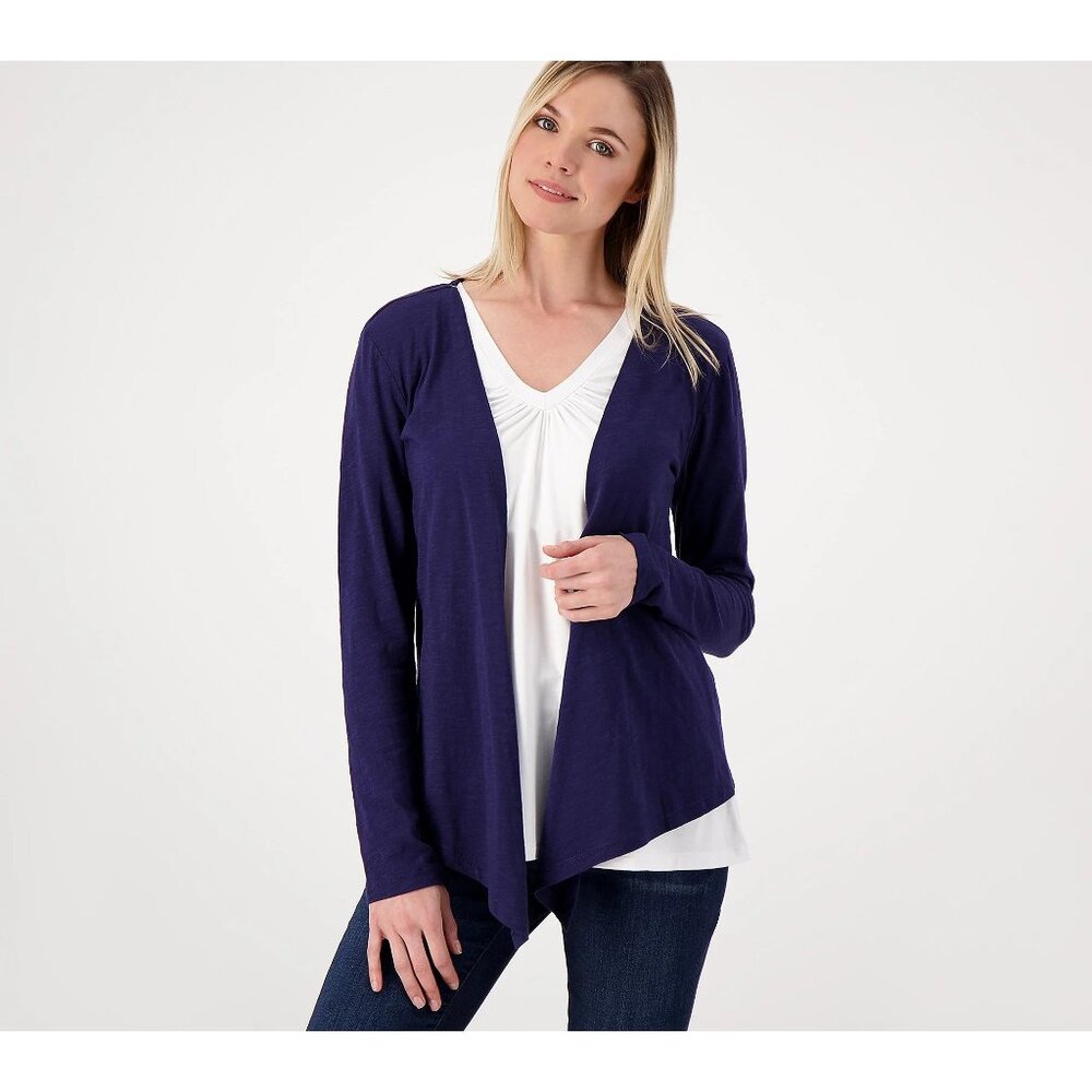 Destination 365 Draped Knit Cardigan Women Large Navy Blue Cotton Blend Cozy NEW